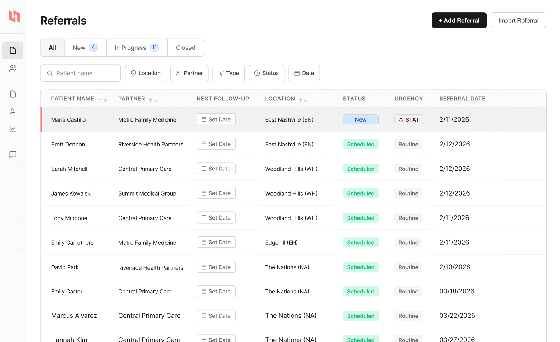 Hatch referral management dashboard showing a centralized queue with patient names, partner sources, status, urgency, and follow-up dates